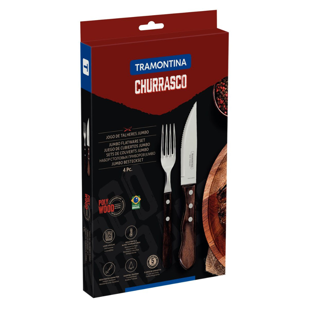 Tramontina Since 1911 Made In Brazil Tramontina 4-Piece Jumbo Barbecue Flatware Set With Stainless-Steel Blades And Brown Polywood Handles