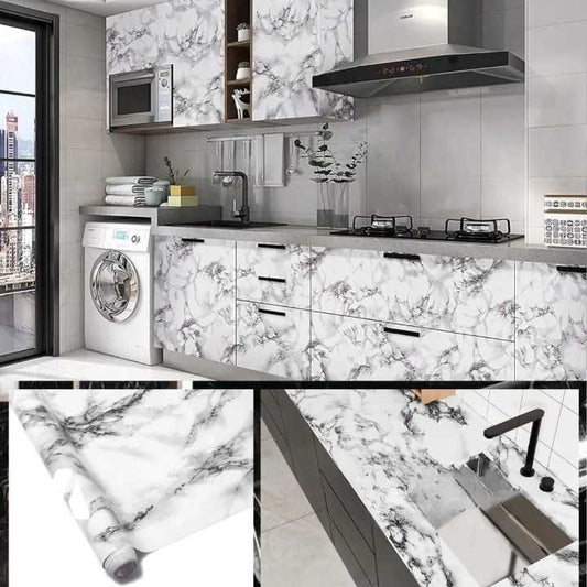 WHITE & BLACK Waterproof Heat Resistant Self Adhesive Anti Oil Kitchen Wallpaper Marble Sheet 60*200 for Kitchen